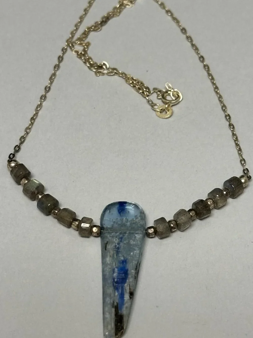 Kyanite Pendant Necklace Sterling Silver Blue Stone Beaded Chain Artisan